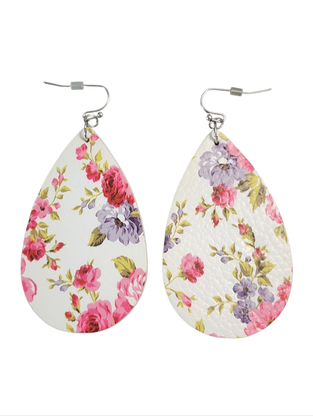 Floral Teardrop Faux Leather Earrings White Pink Purple